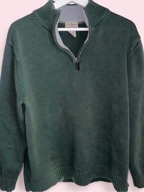 Vintage L.L. Bean Men's Forest Green Half-Zip Sweater with Gray Trim